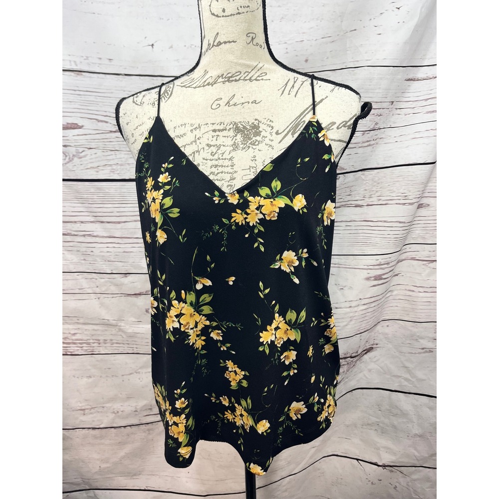 Maurices Womens Black Yellow Floral V-Neck Spaghetti Strap Camisole Top‎ Large